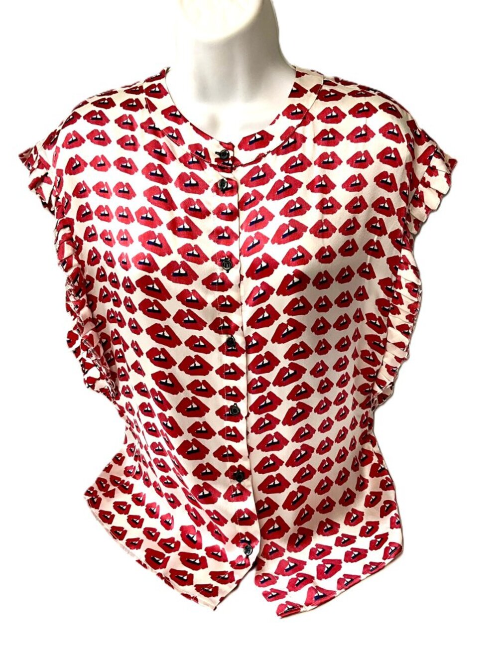 Annie P Silk Lip Print Blouse Ruffle Sleeve Size42 Made in Italy